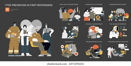 PTSD prevention set for first responders. Illustrations depict stress coping strategies and therapies. Resilience building and mental health support. Vector illustration.