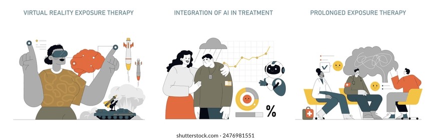 PTSD Prevention set. Innovative therapies with virtual reality, AI integration, and extended exposure. Modern mental health treatments for resilience. Vector illustration.