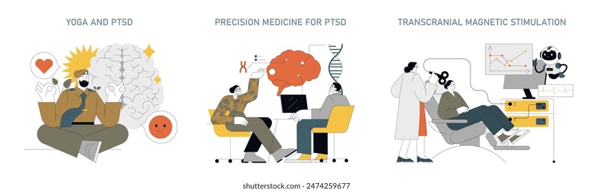 Conjunto de prevención de TEPT. Prácticas terapéuticas y tratamientos avanzados para los primeros auxilios. Meditación para la salud mental, pruebas genéticas, terapia de estimulación cerebral. Ilustración vectorial.