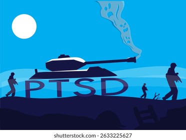 PTSD Tank. Post Traumatic Stress Disorder Concept  concept. Soldiers walk at night in a battlefield with War Tank built with PTSD letters as its wheels. Editable Clip Art.