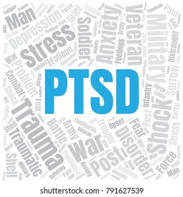PTSD Word Cloud. Post Traumatic Stress Disorder Concept. Vector Collage