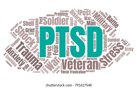 PTSD Word Cloud. Post Traumatic Stress Disorder Concept. Vector Collage