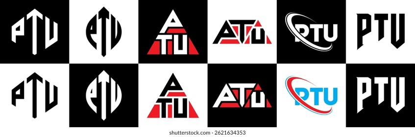 PTU letter logo design in six style. PTU polygon, circle, triangle, hexagon, flat and simple style with black and white color variation letter logo set in one artboard. PTU minimalist and classic logo