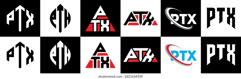 PTX letter logo design in six style. PTX polygon, circle, triangle, hexagon, flat and simple style with black and white color variation letter logo set in one artboard. PTX minimalist and classic logo