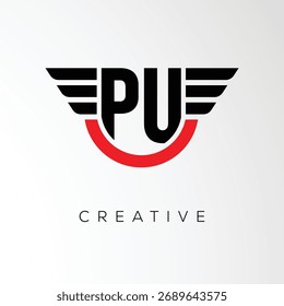 Logotipo creativo de la letra de las alas de la PU con el escudo moderno - símbolo potente del negocio y de la marca	

