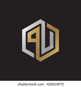 PU initial letters looping linked hexagon elegant logo golden silver black background