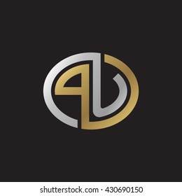 PU initial letters looping linked ellipse elegant logo golden silver black background