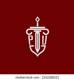 PU initial logo monogram design for legal lawyer vector image with sword and shield