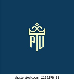PU initial monogram shield logo design for crown vector image