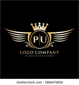 Letra PU inicial con plantilla de logotipo de ala real.
