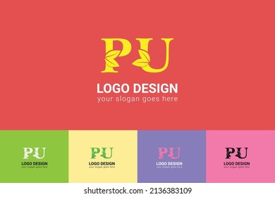 PU letters eco logo with leaf. Vector typeface for nature posters, eco friendly emblem, vegan identity, herbal and botanical cards etc. Ecology  PU letters logo with leaf.
