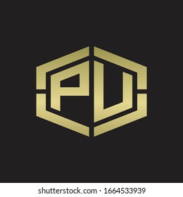 PU Logo monogram with hexagon shape and piece line rounded design tamplate on gold colors