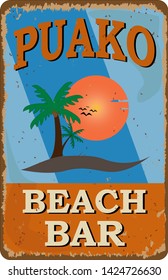 Puako beach bar retro sign design Cafe bar poster, orange Vector illustration.
