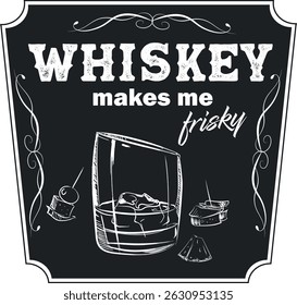 Pub banner, handgetekende vintage stijl whisky glas met ijs, krijtlijn schets op zwarte achtergrond. Premium whisky, drank, sterke alcohol, Ierse rum