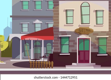 Pub, bar exterior flat vector illustration. Empty city street, urban architecture. Public tavern facade, front with signboard, awning and wooden fence. Alcohol sale business, catering service