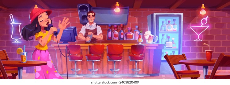 Pub bar interior with bartender making cocktail behind counter with drinks in bottles and female singer with microphone performing among tables and chairs. Cartoon vector restaurant or cafe indoor.