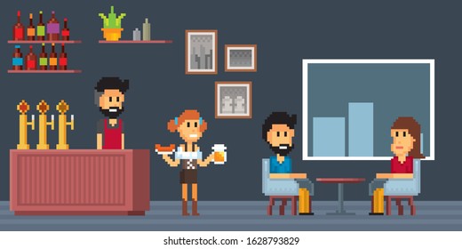 Pub, bar. Pixel art background. Old school computer graphic style. Element design for logo, stickers, web, embroidery and mobile app. Isolated vector illustration. 8-bit sprite.  game element.