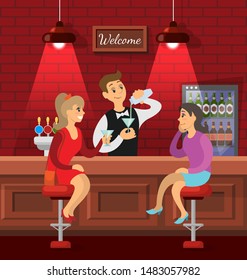 Pub or bar in red color with bricks wall and lamps, characters talking. Woman discussing events, friends nightlife of people. Bartender pouring alcoholic cocktail for girls sitting on stools. Vector