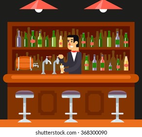 Pub Bar Restaurant Cafe Barkeeper Character Symbol Alcohol Beer House Interior Icon Background Concept Flat Template  Vector Illustration