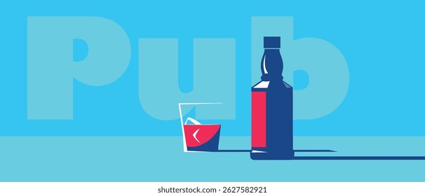 Pub, bar, whiskey with ice, alcohol bottle, glass. Vector design party poster, drink, jack, scotch, bourbon, rum