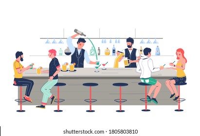 Pub bartender pouring beer, barman making alcohol cocktail for people sitting at bar counter and talking to each other, vector flat illustration. Bar staff serving alcoholic drinks in pub, club, hotel