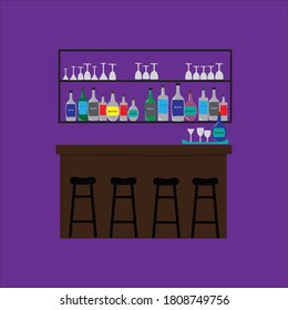 Pub bar,time to relax,healthy drink,purple background in vector style.