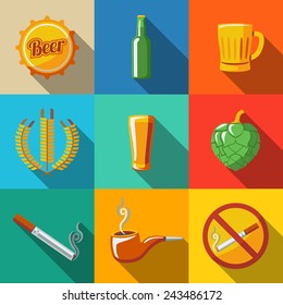 Pub (beer) flat long shadow icons set with - Glass, mug, bottle, hop, wheat, tap, pipe, cigarette, no smoking sign. Vector