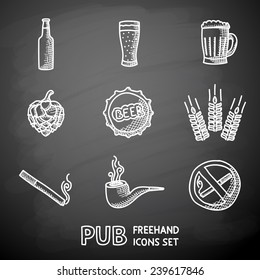 Pub (beer) handdrawn on a chalk board icons set with - Glass, mug, bottle, hop, wheat, tap, pipe, cigarette, no smoking sign. Vector