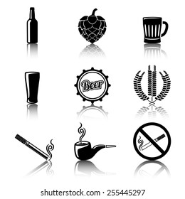 Pub (beer) icons set with reflections  - Glass, mug, bottle, hop, wheat, tap, pipe, cigarette, no smoking sign. Vector