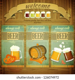 Pub Beer Menu In Retro Vintage Grunge Style, Set Of Labels On Wooden Background. Vector Illustration.