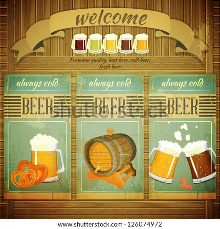 Pub Beer Menu in Retro Vintage Grunge Style, Set of Labels on Wooden Background. Vector Illustration.
