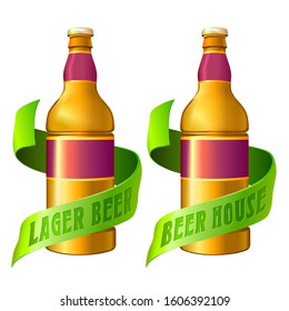 Pub Beverage Logo Template. 3D Image With Bottle And Ribbon Around.