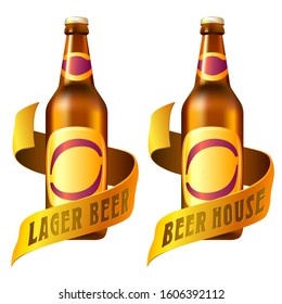 Pub Beverage Logo Template. 3D Image With Bottle And Ribbon Around.