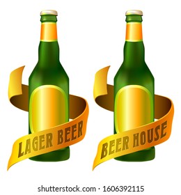 Pub Beverage Logo Template. 3D Image With Bottle And Ribbon Around.