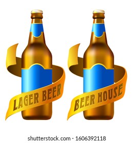 Pub Beverage Logo Template. 3D Image With Bottle And Ribbon Around.