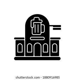 Icono de un glifo negro de pub. Bar frente al hotel para tomar una copa. Tienda de cerveza. Bebida alcohólica. Cervecería para venta y stout. Restaurante tradicional británico. Símbolo de silueta en el espacio blanco. Ilustración aislada del vector