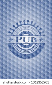 Pub blue badge with geometric background.