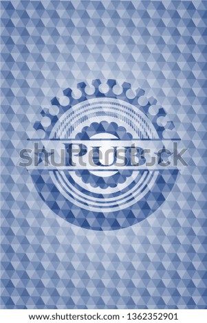 Pub blue badge with geometric background.