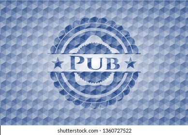 Pub blue emblem with geometric pattern background.