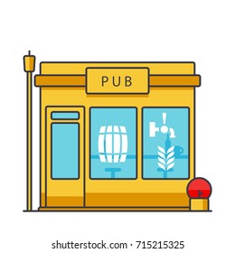 Pub building flat line illustration, concept vector isolated icon 