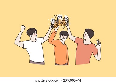 Pub and celebrating beer party concept. Three young smiling friends holding mugs of beer clinking celebrating holiday together vector illustration 