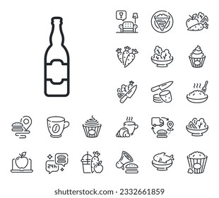 Pub Craft beer sign. Crepe, sweet popcorn and salad outline icons. Beer bottle line icon. Brewery beverage symbol. Beer bottle line sign. Pasta spaghetti, fresh juice icon. Supply chain. Vector