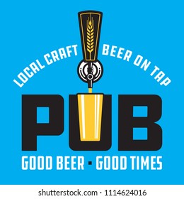 Pub Craft Beer Vector Design.
Vector illustration beer tap and pint glass making pub or brew pub badge.