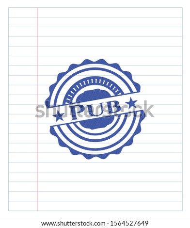 Pub drawn with pen. Blue ink. Vector Illustration. Detailed.