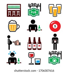 Pub, drinking alcohol, beer belly vector icons set - weekend entertainment, meeting spot to drink beer with friends
 