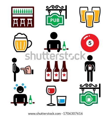 Pub, drinking alcohol, beer belly vector icons set - weekend entertainment, meeting spot to drink beer with friends
 