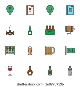 Pub drinks filled outline icons set, line vector symbol collection, linear colorful pictogram pack. Signs, logo illustration, Set includes icons as beverages menu, pint beer, wine, alcoholic, jin, ale