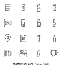 Pub drinks line icons set. linear style symbols collection, outline signs pack. vector graphics. Set includes icons as take away coffee cup, paper milk pack, menu book, juice package, beer box, barrel