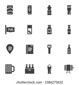Pub drinks vector icons set, modern solid symbol collection, filled style pictogram pack. Signs, logo illustration. Set includes icons as take away coffee cup, milk pack, menu book, juice package