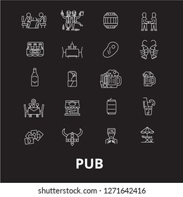 Pub editable line icons vector set on black background. Pub white outline illustrations, signs, symbols